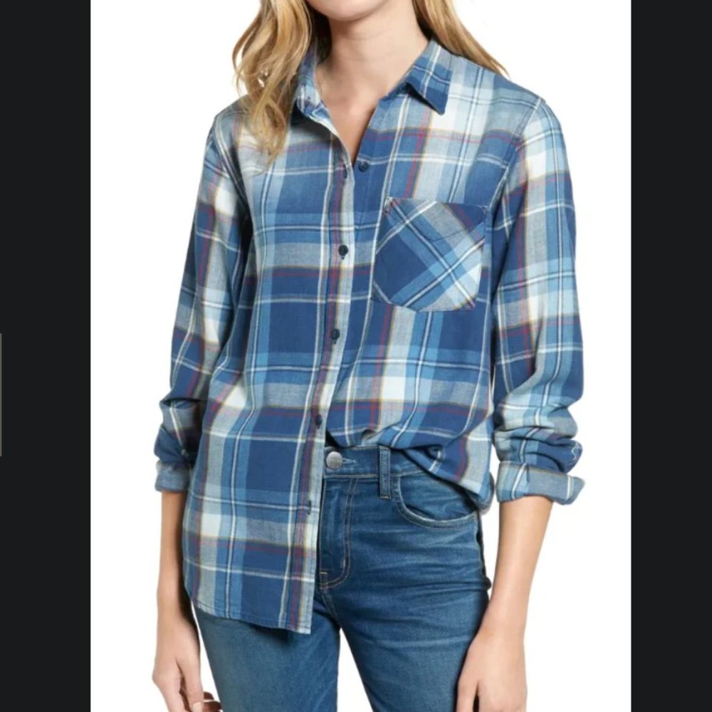 Current/Elliott Plaid Flannel Boyfiend Button-Down Shirt